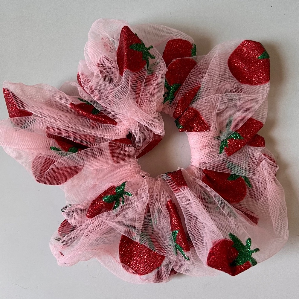 Handmade Oversized Strawberry Tulle Scrunchie Pink Glitter Fruit Hair Accessory